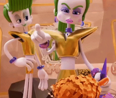two cartoon characters are standing next to each other and one is pointing at the camera