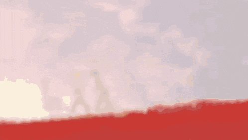 a painting of a person standing in front of a cloudy sky