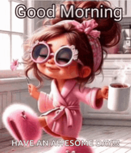 a cartoon girl in a pink robe is holding a cup of coffee .