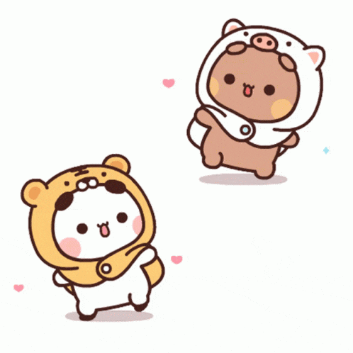 two cartoon bears wearing pig costumes are standing next to each other .