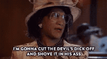 a woman in a hat and glasses is saying i 'm gonna cut the devil 's dick off