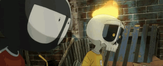 a cartoon character with a flame coming out of his head stands next to another character