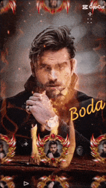 a man with a beard wearing a watch and the word boda on the bottom