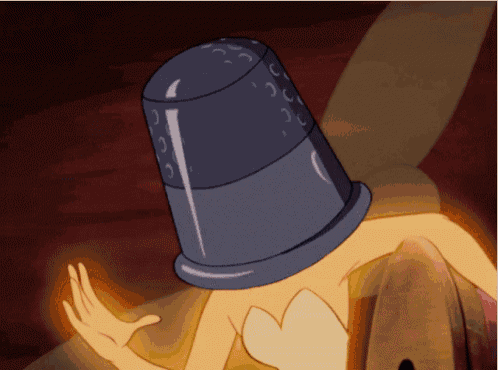 a cartoon character with a thimble on top of his head