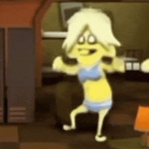 a yellow cartoon character in a bikini is dancing in a room .