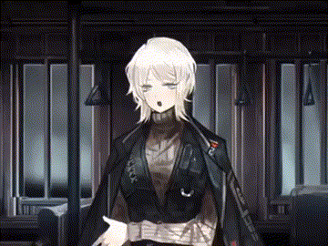 a woman with white hair is standing in a dark room with a lot of windows .