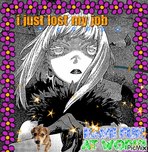a black and white drawing of a woman with the words " i just lost my job " on it