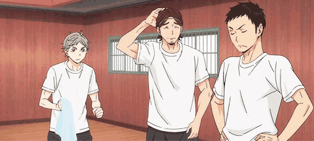 a group of anime characters standing in a room
