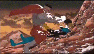 a man in a red cape is fighting another man in a blue suit in a cartoon scene .