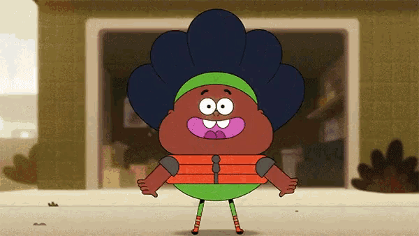 a cartoon character wearing a life jacket stands in front of a garage door