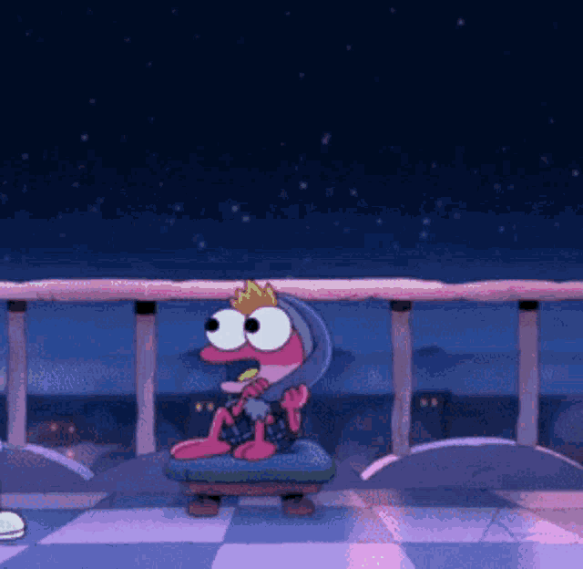 a cartoon character with a crown on his head is sitting on a stool