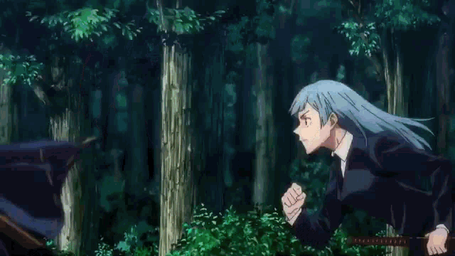 a man and a woman are fighting in the woods . the woman has long white hair .