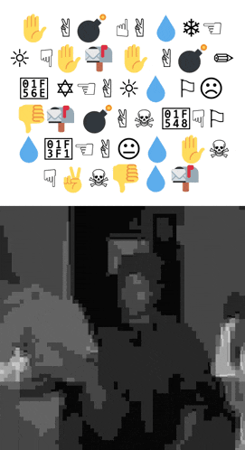 a black and white drawing of a person with emojis and the letter p in the bottom right corner