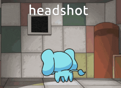 a cartoon elephant is standing in front of a wall that says headshot on it