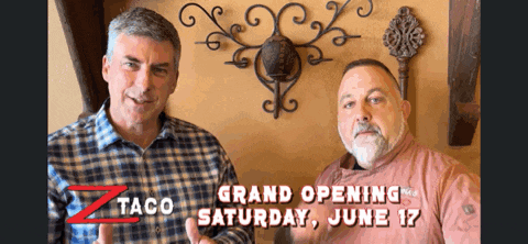 two men standing next to each other with the words grand opening saturday june 17