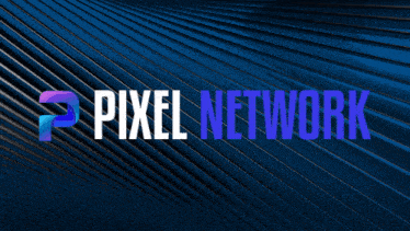 pixel network logo on a blue background with lines