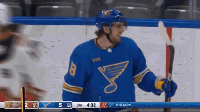 a hockey player with the number 8 on his jersey holds a hockey stick