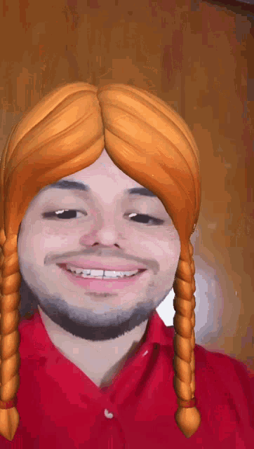 a man in a red shirt is wearing a wig with braids