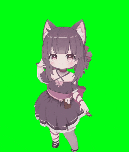 a little girl with a cat ear is standing on a green screen .