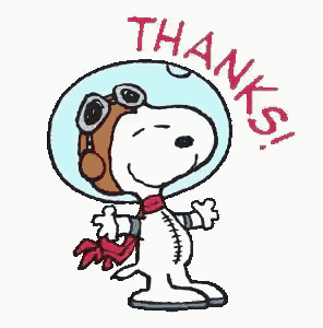 snoopy is wearing a space suit and a helmet and says `` thanks '' .