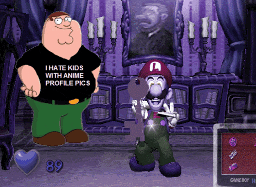 a cartoon character says i hate kids with anime profile pics on his shirt