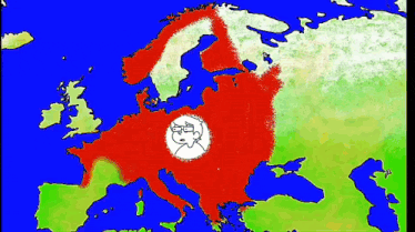 a map of europe with a drawing of a man with glasses