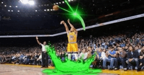 a basketball player in a yellow jersey with the number 30 on it is jumping in the air