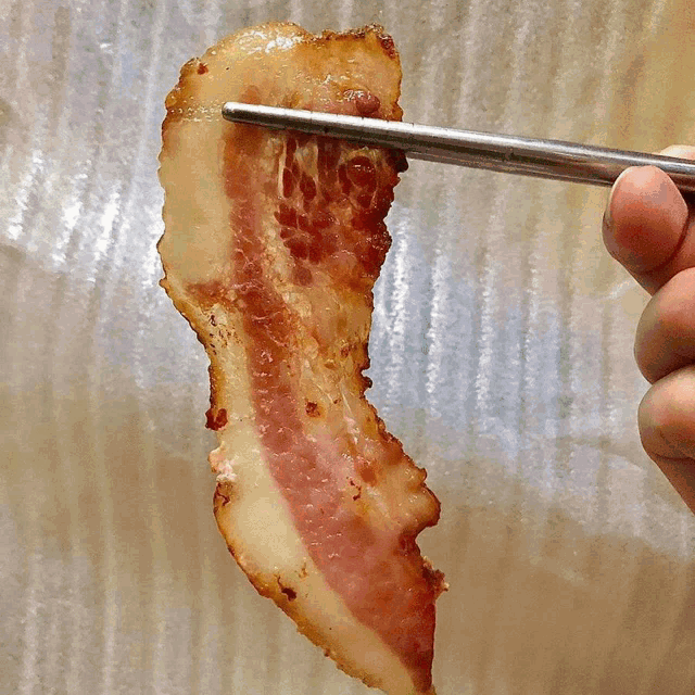 a person holds a piece of bacon with chopsticks