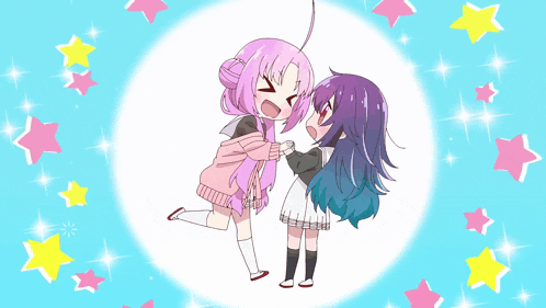 two anime girls are hugging each other on a blue background with pink stars