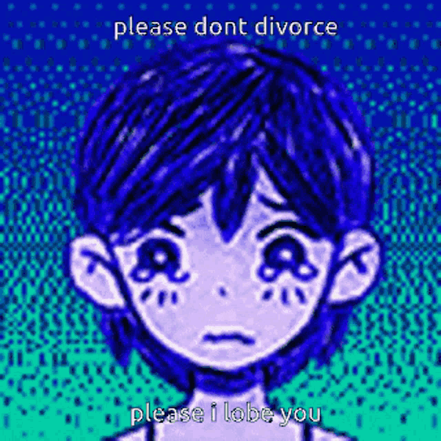 a pixel art of a girl crying with the words " please dont divorce please i lobe you " below her