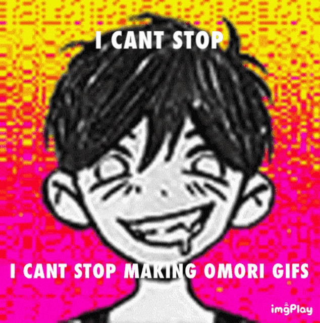 a black and white drawing of a boy with the words " i cant stop making omori gifs "