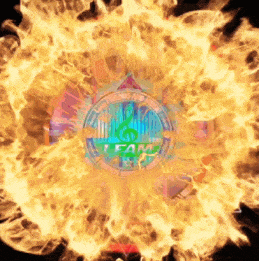 a flame surrounds a circle that says fame on it