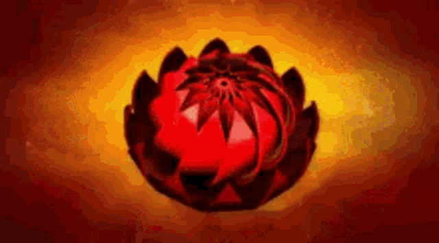 a red lotus flower is spinning on a yellow background .