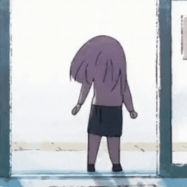 a cartoon girl with purple hair is standing in front of a glass door