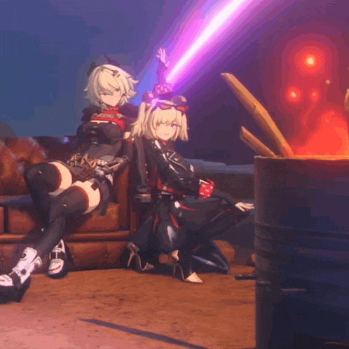 two anime characters sitting next to each other with a purple light coming from their head