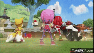 a group of cartoon characters including sonic the hedgehog are standing in a field