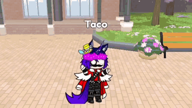 a cartoon character named taco is standing on a brick sidewalk in front of a park bench .