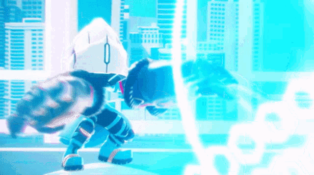 a cartoon character with a helmet on stands in front of a city skyline