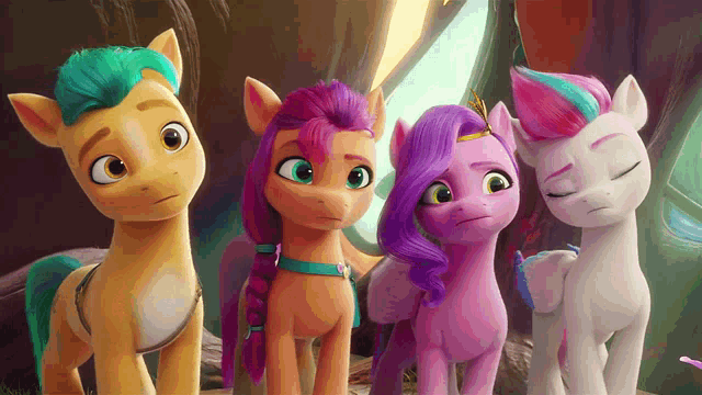 a group of cartoon ponies are standing next to each other