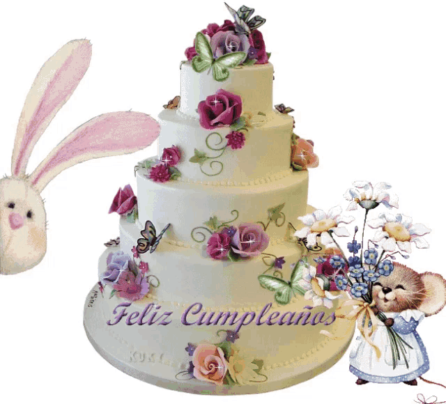 a birthday cake with flowers and butterflies and the words feliz cumpleanos on it