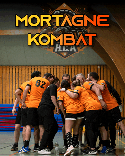 a group of athletes huddle together with the words mortagne kombat h.u.a. behind them