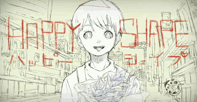 a drawing of a girl holding a bouquet of flowers in front of a sign that says happy share