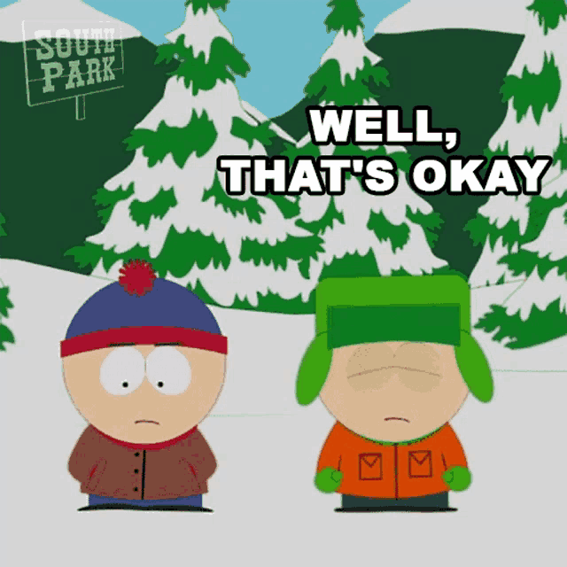 two south park characters standing next to each other in the snow
