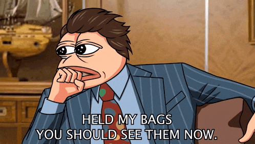 a cartoon of a man in a suit and tie with the words held my bags you should see them now