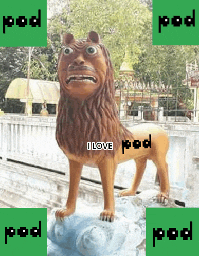 a statue of a lion that says i love poo