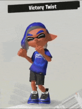 a cartoon character wearing a blue shirt and black shorts is standing in front of a sign that says victory twist .