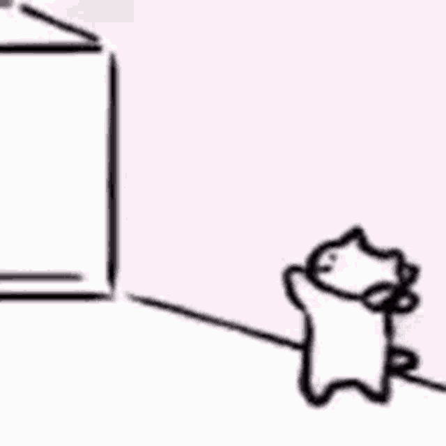 a drawing of a cat standing next to a box on a pink background .