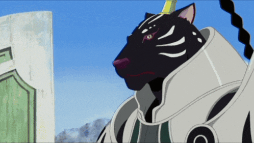 a cartoon drawing of a black cat with white stripes on it 's face