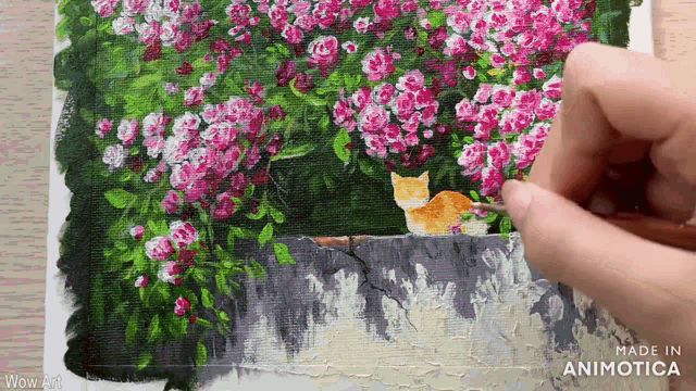 a painting of a cat with pink flowers is made in animatica