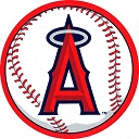 the logo for the los angeles angels baseball team is a baseball with an angel 's tower on it .